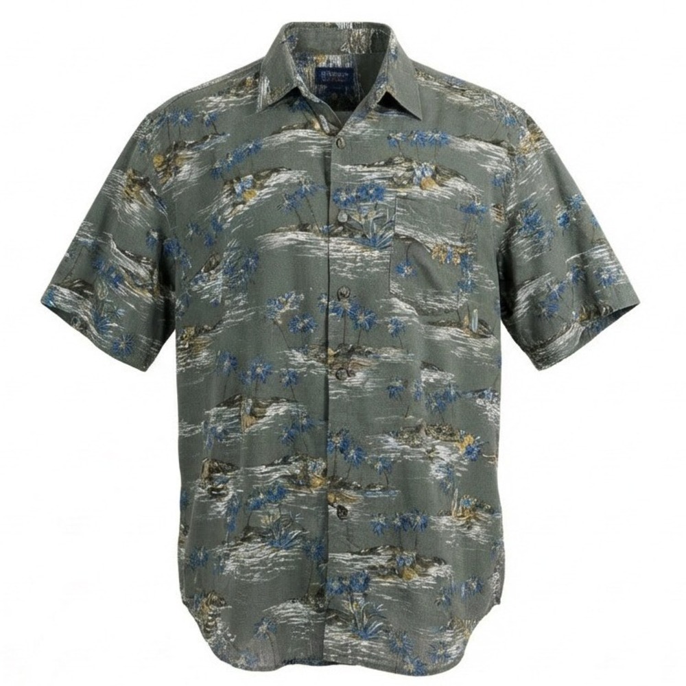 Batik Bay Button Down Shirt Mens Large Olive Green Tropical Surf Rayon Short Slv
